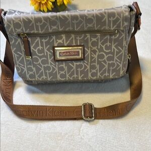 Calvin Klein Gray and Brown Crossbody Bag with Logo Print